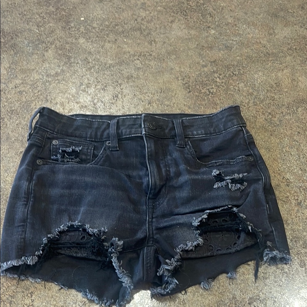 American Eagle Outfitters Black Jean Shorts Distressed Frayed Hem